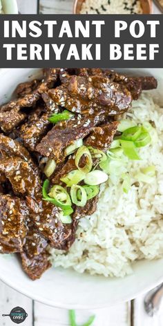 instant pot teriyaki beef served over rice in a white bowl with green onions