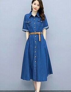 Trendy Fashion Shirt Denim Dress Women's Summer Long Skirt Belt Button Casual Long A-Line Dress, Women's Clothing Belted Denim Dress For Summer Workwear, Spring Short Sleeve Belted Denim Dress, Non-stretch Button-up Denim Dress, Summer Short Sleeve Belted Denim Dress, Non-stretch Buttoned Denim Dress, Spring A-line Denim Dress With Pockets, Dark Wash Button Closure Summer Dress, Summer Denim Dress With Belt And Short Sleeves, Casual Short Sleeve Belted Denim Dress