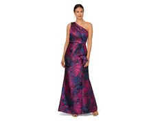 Adrianna Papell One Shoulder Printed Jacquard Cascade Long Gown - Women's Dress : Navy Orchid : With the draped detailing and the cascading feminine side bow, the Adrianna Papell One Shoulder Printed Jacquard Cascade Long Gown keeps your party look intriguing. It is beautifully sculpted in a floral-printed jacquard fabric with an alluring one-shoulder silhouette and gets enhanced by a graceful, full-length mermaid skirt. Zippered back closure. 100% polyester. Dry-clean. Imported. Winter Wonderland Wedding, One Shoulder Gown, Wonderland Wedding, Mermaid Skirt, Long Gown, Party Looks, Jacquard Fabric, Adrianna Papell, Floral Printed