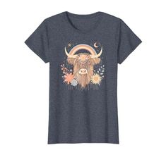 Boho Rainbow Floral Scottish Highland Cow with Flowers T-Shirt Highland Cow Clothes, Highland Cow Shirts Vinyl, Highland Cow With Flowers, Cow With Flowers, Highland Cow Sweatshirt, Casual Unicorn Print T-shirt For Spring, Cheap Cotton T-shirt With Unicorn Print