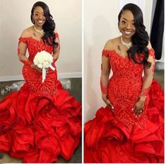 a woman in a red gown with flowers on her bouquet