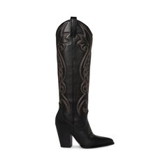 A Western boot is a requirement for any wardrobe and we’re obsessed with LASSO. This knee-high pair features whipstitching detail and a towering block heel. Leather, suede, or vegan leather upper material Textile or synthetic lining Synthetic sole 3.75 inch heel height 15 inch shaft circumference 15.5 inch shaft height Black Leather Boots Women, Branded Shoes For Men, Steve Madden Store, Black Block Heels, Western Boots Women, Boots Knee, Chunky Block Heels, Western Boot, Black Boots Women