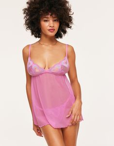 Amorata Heart Pink Babydoll, XS-XL | Adore Me Pink Sheer Lace Sleepwear, Flirty Sheer Sleepwear For Parties, Pink Lace Sleepwear With Spaghetti Straps, Feminine Sheer Sleepwear With Spaghetti Straps, Pink Sheer Party Sleepwear, Pink Lace Coquette Camisole, Pink Lace Camisole In Coquette Style, Coquette Spaghetti Strap Camisole For Bedtime, Coquette Camisole With Spaghetti Straps For Bedtime