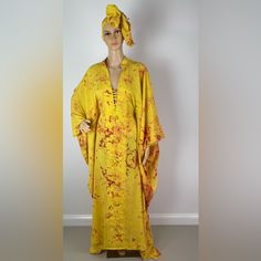 New Without Tags Handmade African Print Yellow And Red Colorful Multicolor Cutout Maxi Dress One Size Fits All 100% Cotton 58” Length Handmade Yellow Bohemian V-neck Kimono, Spring Yellow V-neck Kaftan, Yellow Bohemian Dress With Kimono Sleeves, Bohemian Yellow Dress With Kimono Sleeves, Traditional Yellow Summer Kaftan, Long Yellow Kimono For Festivals, Traditional Yellow Dress With Kimono Sleeves, Traditional Yellow Kaftan For Summer, Yellow Spring Kaftan With Kimono Sleeves