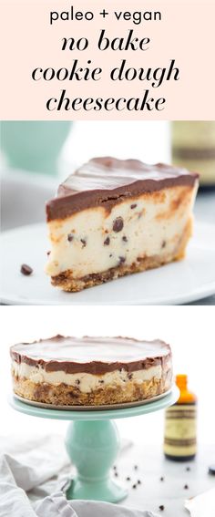 two different views of a cheesecake on a plate with the words pale and vegan no - bake cookie dough