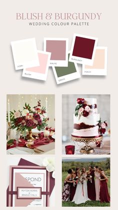 wedding color palettes for the bride and groom in shades of burgundy, pink, green,