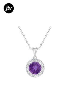 7mm round amethyst with white topaz accents rhodium over sterling silver halo pendant with 18" cable chain.  Measures approximately 0.70" L x 0.43" W.  Lobster clasp. Jtv Jewelry, Halo Pendant, White Topaz, Cable Chain, Lobster Clasp, Topaz, Halo, Amethyst, Cable