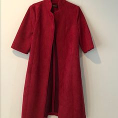 Long Duster Jacket In Red O/S British Brand Jayley Ultra Suede One Size Fits Most Typically Sizes 6 To 14. Red Stand Collar Outerwear For Fall, Red Outerwear With Stand Collar For Fall, Elegant Red Outerwear With Stand Collar, Red Stand Collar Blazer For Winter, Red Fitted Blazer With Stand Collar, Red Fitted Long Coat, Classic Red Outerwear For Spring, Show Jackets, Long Duster