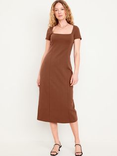 Square-Neck Midi Dress | Old Navy Brown Dresses Outfit, Womens Plaid Dress, Midi Dress Brown, Straight Cut Dress, Cream Midi Dress, Brown Midi Dress, Blue Floral Midi Dress, Fitted Maxi Dress, Pose References