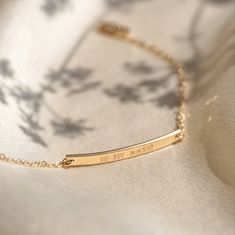 "Versatile, practical and light-catching--this bracelet raises the bar. Personalize with names, dates, initials, coordinates or a short mantra and wrap your wrist with what means most. This perfectly dainty bar is ideal for customizing with a meaningful inscription! Annnnd it makes a pretty sweet gift. Every piece is handcrafted and hand-personalized with love in La Conner, WA, using 90% recycled and 100% ethically sourced raw materials from the USA--because it's better that way. Includes free g Coordinates Bracelet, Bar Bracelet, Silver Chain Style, Blog Instagram, Bar Bracelets, Sweet Gifts, Silver Roses, Silver Rose Gold, Chain Link Bracelet