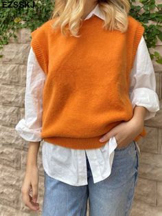 Orange Sweater Vest Outfit, Orange Sweater Vest, Oversized Sweater Vest, Mens Summer Pants, Sweater Vest Outfit, Orange Sweater, Autumn Sleeve, Oversize Sweater, Tank Outfit