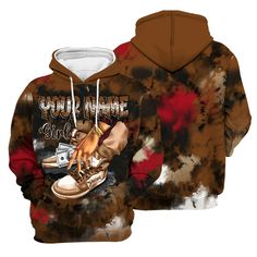 Brand Dunkare Archaeo Brown 5s Varsity Jacket SNEAKER Girl Money Drip Tie Dye All Over Print Unisex Hoodie Casual Graffiti Print Hoodie For Fall, Casual Sweatshirt With Graffiti Print For Fall, Sporty Graffiti Print Hoodie For Fall, Sporty Hoodie With Graffiti Print For Fall, Sporty Fall Hoodie With Graffiti Print, Girl Money, Girls Sneakers, Custom Name, All Over Print