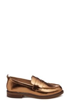 A classic penny keeper and tonal stitching lend elegant polish to a rich leather loafer set on a cushioned footbed and stacked heel. Cushioned footbed Leather upper/textile lining/rubber and synthetic sole Imported Classic Gold Flat Heel Loafers, Classic Gold Loafers With Flat Heel, Classic Gold Loafers For Work, Gold Classic Loafers With Flat Heel, Classic Gold Loafers For Office, Classic Gold Almond Toe Loafers, Classic Gold Almond-toe Loafers, Classic Gold Leather Loafers, Classic Gold Loafers For Formal Occasions