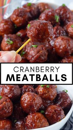 cranberry meatballs in a white bowl with text overlay that says cranberry meatballs