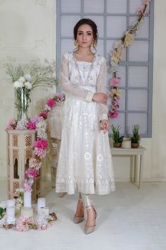 Ivory Bliss | Pakistani Designer Outfit | Sarosh Salman Pearl Work, Designer Outfit, Pure Chiffon, Embroidered Organza, Chiffon Dupatta, Swarovski Stones, Pakistani Designers, Pants Straight, Pin Tucks