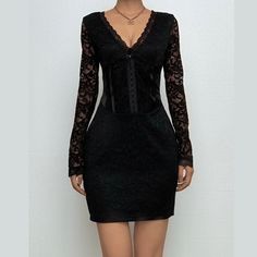 Please refer to our sizing chart for a guideline when choosing a size. 5 business days order processing time. 90% polyester 10% spandex Fitted Gothic V-neck Dress, Mini Corset Dress With Lace Trim, Fitted Lace Mini Dress, Chic Fitted V-neck Corset Dress, Fitted Corset Mini Dress With Lace Trim, Elegant Corset Dress With Lace Patchwork, Elegant Fitted Corset Dress With Lace Trim, Fitted Lace Patchwork Corset For Party, Fitted Corset Back Lace Dress For Party