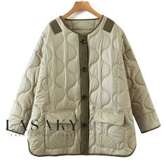 Lasaky - Long-Sleeved Quilted Button-Down Jacket with Flap Pockets in Sage Long Sleeve Patchwork Outerwear, Oversized Khaki Patchwork Outerwear, Khaki Buttoned Winter Outerwear, Khaki Buttoned Outerwear For Fall, Spring Patchwork Outerwear In Solid Color, Spring Patchwork Solid Outerwear, Spring Solid Color Patchwork Outerwear, Winter Khaki Outerwear With Buttons, Winter Patchwork Khaki Outerwear