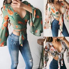 FREE SHIPPING Summer Fashion Women Long Sleeve Blouse Sexy V-Neck Ladies Tops Flare Sleeve Women Clothes Summer Blouses JKP2250 Chic Floral Print V-neck Crop Top, Trendy Long Sleeve V-neck Top For Summer, Trendy V-neck Crop Top For Beach, Spring Vacation V-neck Crop Top, Stretch V-neck Crop Top For Vacation, Trendy V-neck Beach Blouse, Trendy V-neck Blouse For Beach, Trendy V-neck Blouse For The Beach, Chic V-neck Floral Print Crop Top