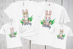 Easter Bunny Shirt Personalized Matching Family Easter | Etsy Graphic Print Crew Neck Top For Family Outings, Family Matching Shirts With Funny Print, White Short Sleeve Tops For Family Outings, Mother's Day Custom Print Tops For Family Events, Funny Customizable Tops For Family, Matching Tops For Family Events On Mother's Day, Cute White Shirt For Family Events, White Top For Mother's Day Family Events, Matching White Tops For Family Events