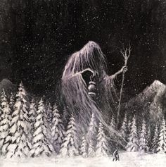 a black and white drawing of a man with long hair standing in front of snow covered trees