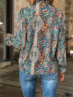 Bjux - Paisley Print Button-Up Blouse with Stand Collar, Boho-inspired Long Sleeves - Womens Fashion Multicolor Print Button-up Top, Multicolor Long Sleeve Tops With Button Closure, Long Sleeve Paisley Print Patterned Top, Long Sleeve Paisley Print Tops, Long Sleeve Multicolor Print Blouse, Bohemian Multicolor Tops With Button Closure, Non-stretch Multicolor Tops For Fall, Multicolor V-neck Top With All-over Print, Multicolor V-neck Top With All Over Print