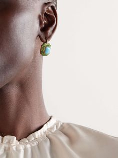 JENNA BLAKE 18-karat gold, turquoise and emerald earrings Emerald Earrings, Geometric Design, Timeless Pieces, Women Collection, Ear Piercings, Jewellery And Watches, Luxury Design, Gold Earrings, Halo