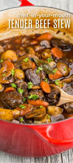 a red pot filled with stew and carrots on top of a wooden table next to a