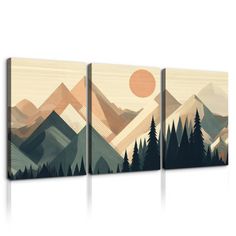 three canvases with mountains and trees on them