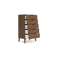 the chest of drawers is made out of wood and has three drawers on each side