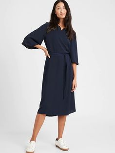 Bell-Sleeve Dress | Banana Republic Chic Relaxed Fit Viscose Dress, Elegant Relaxed Fit Midi Dress For Work, Relaxed Fit Viscose Dress For Work, Chic Relaxed Fit Dress For Office, Chic Relaxed Fit Dresses For Work, Chic Relaxed Fit Office Dress, Relaxed Fit Midi Work Dresses, Relaxed Fit V-neck Dress For Work, Modern V-neck Midi Dress For Work