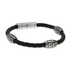 "Add a cool new piece to your daily look with this black ion-plated stainless steel and black leather bracelet. Add a cool new piece to your daily look with this black ion-plated stainless steel and black leather bracelet. Length: 8.5 in. Clasp: push lock Metal: stainless steel Plating: black ion-plated Finish: polished Packaging: pouch Size: 8.5"". Gender: male. Age Group: adult." Edgy Silver Bracelet With Black Band, Black Leather Bracelet Suitable As A Gift, Edgy Silver Bracelets With Black Band, Edgy Metal Jewelry With Black Band, Edgy Black Bracelet Strap Jewelry, Black Edgy Jewelry With Bracelet Strap, Edgy Black Jewelry With Bracelet Strap, Modern Black Leather Bracelet With Stainless Steel Clasp, Modern Stainless Steel Leather Bracelet With Black Band