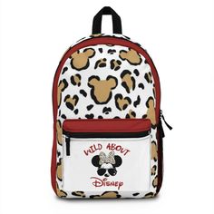 Wild About Disney Leopard Minnie Backpack Perfect for every day use or trips to the theme parks! Also a unique and adorable bag for school! Got space? With our roomy and durable backpack, you will have plenty! This bag is made from spun polyester and weights 1.3 lbs - just enough to be light, strong and long-lasting. Grab it, stow it, throw it onto the seat next to you, this backpack can take it, and so will you, wherever you go!  Each backpack is custom made to order. Production averages 2-5 bu Disney Minnie Mouse Backpack For Travel, Back To School Backpack For Disney Fan Events, Cute Minnie Mouse Backpack For Daily Use, Minnie Mouse Backpack For Travel, White Disney Backpack For School, Disney White Backpack For School, Minnie Mouse Standard Backpack For Travel, Disney Mickey Mouse Backpack, Disney Backpack For School