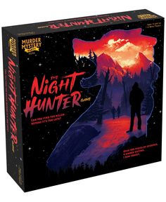 the night hunter board game is shown in its box, with an image of a man standing