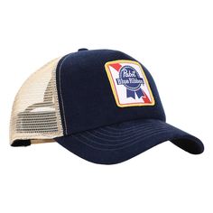 the trucker hat has a patch on it