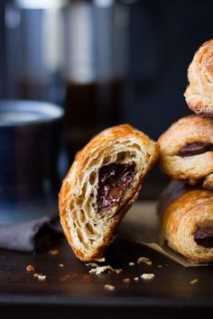 chocolate filled pastries stacked on top of each other