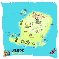 a cartoon map of lombok, the philippines with all its attractions and locations