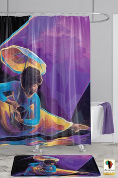 a shower curtain with an image of a woman holding an umbrella on the ground next to a rug