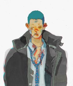 a drawing of a man with blue hair and piercings on his face wearing a jacket