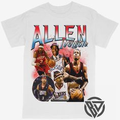 Allen Iverson 76ers Sixers Basketball Rap Style Graphic Tee Shirt Throwback Basketball Tops With Team Logo, Collegiate Basketball Tops With Graphic Print, Collegiate Graphic Print Tops For Basketball, Basketball Fan Apparel Tops With Sublimation Print, Fan Apparel Tops With Sublimation Print For Basketball, Sublimation Print Tops For Basketball Fans, Throwback Basketball T-shirt For Sports Season, Sixers Basketball, Basketball Tee Shirts