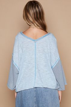 Designed in V-neck, mid length sleeve, oversized fit top in textured slub and cut and sew knit mix with overlock stitch detail pointed solid pattern.Baggy & comfy!Trendy & funPowder Blue Specs/Dimensions: - BUST: 24" Oversized Blue Tops With 3/4 Sleeves, Oversized Blue Top With 3/4 Sleeves, Trendy Light Wash V-neck Top, Overlock Stitch, Jumpsuit Jacket, Beauty Accessories, Solid Pattern, Workout Tops, Oversized Fits