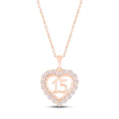 A stunning surprise for the birthday girl, this 10K rose gold Quinceañera necklace features a heart with the number 15 at the center. Shimmering lab-created opals trace the heart, making the necklace an ideal gift for an October birthday. The pendant sways from an 18-inch cable chain that secures with a spring-ring clasp. Personalized Heart-shaped Jewelry For Sweet 16, Quinceañera Necklace, Quinceanera Necklace, Number 15, October Birthday, Necklace Clasps, Kay Jewelers, Accessories Jewelry Necklace, Chain Ring