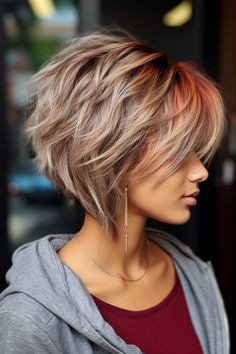 Hairstyles Layered Bob, Pixie Hairstyles Medium Length, Short Hairstyle Women Inverted Bob, Babylights On Short Hair, Med Length Hairstyle Women, Hot Mom Haircut, Sassy Short Haircuts, Short Sassy Hairstyles, Layered Short Bob