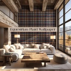 a living room filled with white furniture and large window covered in plaid wallpaper next to a wooden coffee table