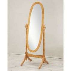 a wooden stand with a mirror on it