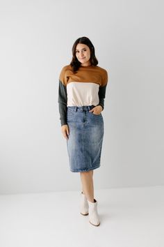 The 'Kyra' is another one of our very own exclusive denim skirts. Designed with everyday wear in mind, this skirt will pair well with just about any casual top in your wardrobe! This denim skirt is 100% cotton and does not have stretch, giving it a vintage vibe we love! Every woman needs a classic, straight denim skirt in her closet and this skirt is an excellent choice! Available in light or vintage wash. 100% Cotton Machine Wash Cold Gentle Cycle Do Not Bleach Hang to Dry Do Not Dry Clean Mode Trendy Denim Blue Skirt For Fall, Fall Denim Skirt In Denim Blue, Chic Denim Blue Skirt For Fall, Medium Wash Cotton Denim Skirt For Fall, Fall Medium Wash Cotton Denim Skirt, Relaxed Denim Skirt For Fall, Relaxed Fit Denim Skirt For Fall, Denim Relaxed Fit Skirt For Fall, Trendy Dark Wash Cotton Skirt