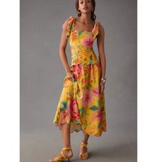 Beautifully Scalloped Dress Brings Sunshine And Tropical Vibes To Your Wardrobe. Stunning Colors And Pattern With Cutout Back. Falls Approximately 52” From Shoulder Tropical Sleeveless Midi Dress For Garden Party, Vibrant Yellow Summer Maxi Dress, Vibrant Yellow Summer Dress, Yellow Tropical Sundress For Vacation, Yellow Tropical Sleeveless Dress, Yellow Sleeveless Tropical Dress, Yellow Midi Sundress For Vacation, Yellow Tropical Style Sleeveless Dress, Yellow Summer Midi Dress Knee-length