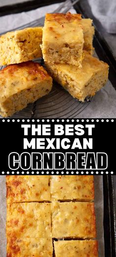 Collage of Mexican cornbread squares at top and bottom. Mexican Cornbread Jiffy, Easy Mexican Cornbread, Mexican Cornbread Recipe, Savory Cornbread, Jalapeno Cheddar Cornbread, Cheddar Cornbread, Mexican Cornbread, Jiffy Corn Muffin Mix, Jiffy Cornbread