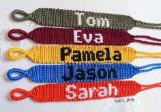 four crocheted name tags with scissors on them that say, top 5 pamea, jason sarah