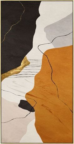 an abstract painting with gold and black colors on the side of a mountain, in front of a white background