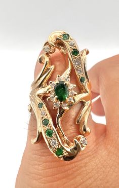 Estate Vintage 14k Yellow Gold Diamond & Emerald Bypass Filigree Wave Ring 13.1g Size: 5.5 - Approx. - Can Be Resized Weight is 13.1 Grams on my scale Metal: 14K Yellow gold - Tested & Confirmed Amazing Natural Diamond's And Green Emerald Gemstones Amazing Floral Swirl Filigree Bypass Design Ring is In Great Condition, No Damage to The Ring Or Gemstone Face of The Ring is 33mm Wide In The Center Any Questions Please Feel Free to ask Thank you Wave Ring, Emerald Gemstone, Green Emerald, Emerald Green, Ring Designs, Natural Diamonds, Gold Diamond, Swirl, Emerald